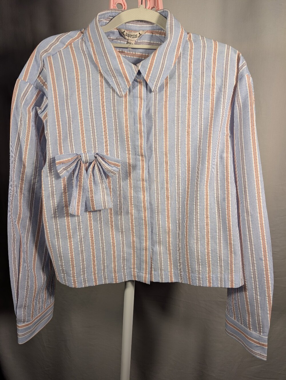 NWT Nanette Lepore Striped Boxy Cropped Button Front Blouse Bow Detail L